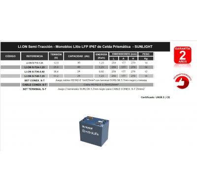 BATERIA SUNLIGHT LI.ON S-T48-1,23 BATERÍAS DE LITIO LI.ON Semi-Tracción - 51,2V Monobloc Litio LFP IP67 de Celda Prismática - SU