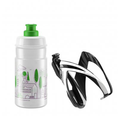 ELITE Bottle + bottle cage KIT CEO black glossy + JET drinking bottle transparent with green logo 350 ml