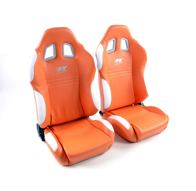 Juego Asientos Deportivos Nueva York De Cuero Artificial Naranja/Blanco Con Costura Blanca Fk Automotive