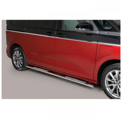 Estriberas laterales de diseño en acero inoxidable con peldaños de goma neopreno y aluminio VOLKSWAGEN T7 2022 > Multivan oval A