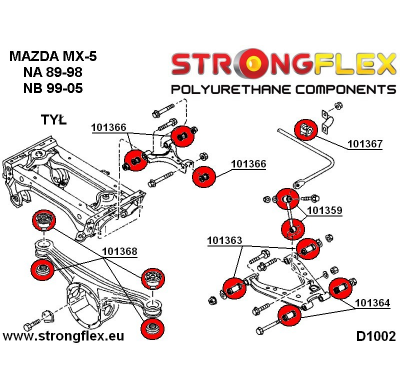 SILENTBLOCK Mazda Mx-5 / Miata Nb 99-05 STRONGFLEX CASQUILLO DE SUSPENSIÓN INTERIOR INFERIOR TRASERO SPORT KIT 4 Unidades