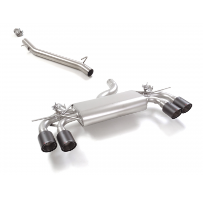 Tramo intermedio en acero inox + Silencioso trasero doble en acero inox con salidas redondas 2 / 100 mm Carbon Shot</p>
 con val