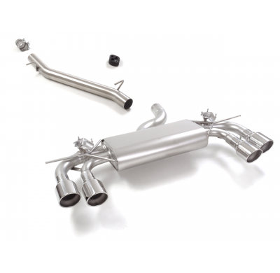 Tramo intermedio en acero inox + Silencioso trasero doble en acero inox con salidas redondas 2 / 102 mm Sport Line</p>
 con valv