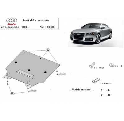Protector de Acero para caja de cambios del Audi A5 Año: 2008 - 2016 Grosor: "2"mm Todas las motorizaciones
