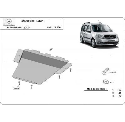 Cubre carter de Acero para Mercedes Citan W415 Año: 2012 - 2021 Grosor: "2"mm Todas las motorizaciones