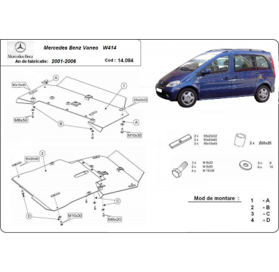 Cubre carter de Acero para el motor y caja de cambios del Mercedes Vaneo W414 Año: 2001 - 2006 Grosor: "2"mm Todas las motorizac