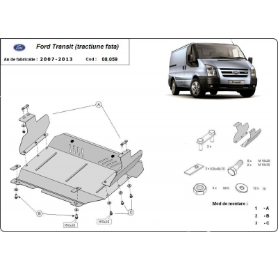 Cubre carter de Acero para Ford Transit - Tracción delantera Año: 2007 - 2013 Grosor: "2"mm Todas las motorizaciones