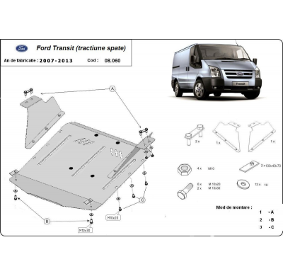 Cubre carter de Acero para Ford Transit - Tracción trasera Año: 2007 - 2013 Grosor: "2"mm Todas las motorizaciones