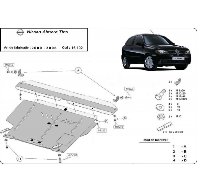 Cubre carter de Acero para Nissan Almera Tino Año: 2000 - 2006 Grosor: "2"mm 1.5, 2.0