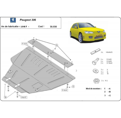 Cubre carter de Acero para Peugeot 306 Año: 1997 - 2004 Grosor: "2"mm Todas las motorizaciones
