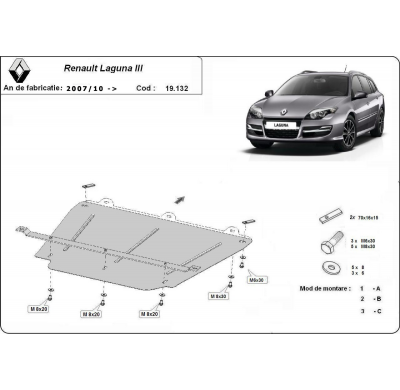 Cubre carter de Acero para Renault Laguna 3 Año: 2007 - 2015 Grosor: "2"mm Todas las motorizaciones