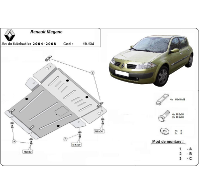 Cubre carter de Acero para Renault Megane 2 Año: 2004 - 2008 Grosor: "2"mm Todas las motorizaciones