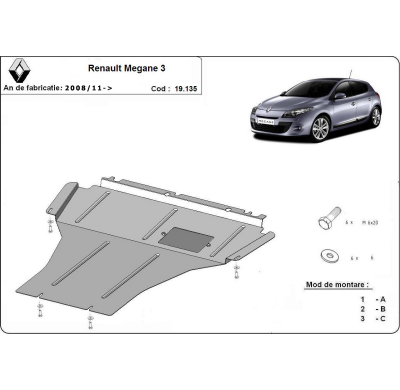 Cubre carter de Acero para el motor y caja de cambios del Renault Megane 3 Año: 2008 - 2016 Grosor: "2"mm Todas las motorizacion