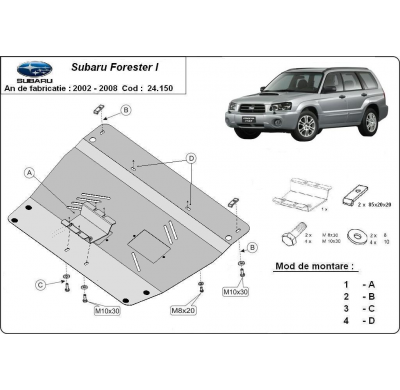 Cubre carter de Acero para Subaru Forester 2 Año: 2002 - 2008 Grosor: "3"mm 2.0, 2.5