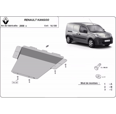 Cubre carter de Acero para Renault Kangoo Año: 2008 - 2021 Grosor: "2"mm