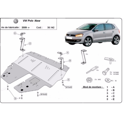 Protector de cárter de Acero para VW Polo Año: 2009 - 2017 Grosor: "2"mm