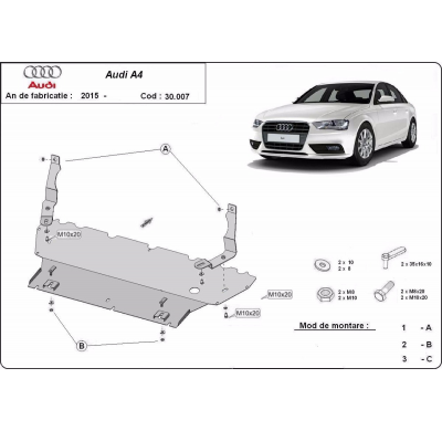 Cubre carter de Acero para Audi A4 B9 Año: 2016 - 2025 Grosor: "2"mm Todas las motorizaciones