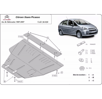 Cubre carter de Acero para el motor y caja de cambios del Citroën Xsara Picasso Año: 1999 - 2009 Grosor: "2"mm