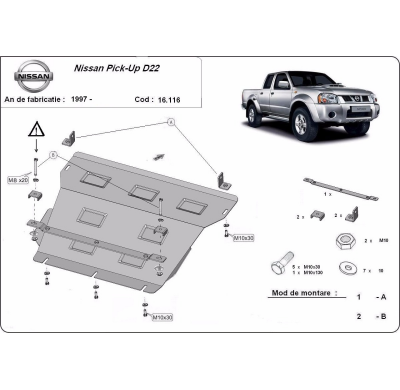 Cubre carter de Acero para el motor y el radiador de la Nissan Pick Up. Año: 1997 - 2014 Grosor: "3"mm Todas las motorizaciones
