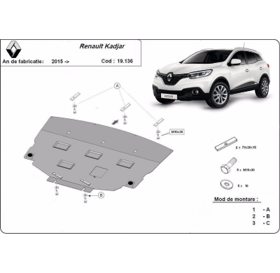 Cubre carter de Acero para Renault Kadjar Año: 2015 - 2022 Grosor: "2"mm Todas las motorizaciones