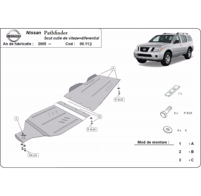 Protector de Acero para caja de cambios y el diferencial del Nissan Pathfinder Año: 2005 - 2015 Grosor: "3"mm Todas las motoriza