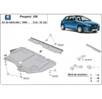 Cubre carter de Acero para Peugeot 206 Año: 1998 - 2012 Grosor: "2"mm Todas las motorizaciones