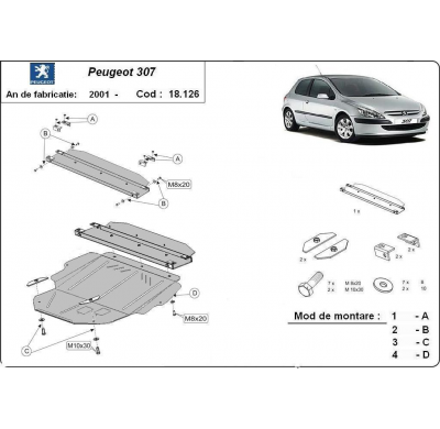 Cubre carter de Acero para Peugeot 307 Año: 2001 - 2008 Grosor: "2"mm Todas las motorizaciones