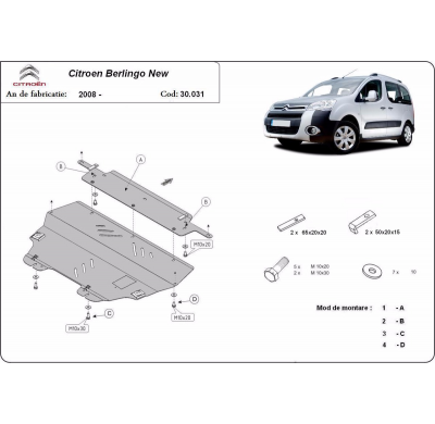 Cubre carter de Acero para Citroën Berlingo Año: 2008 - 2018 Grosor: "2"mm Todas las motorizaciones
