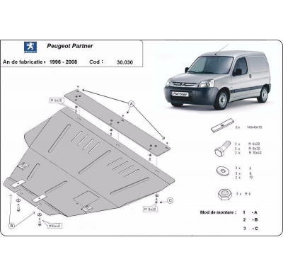 Cubre carter de Acero para Peugeot Partner Año: 1996 - 2008 Grosor: "2"mm Todas las motorizaciones