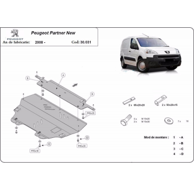 Cubre carter de Acero para Peugeot Partner Año: 2008 - 2018 Grosor: "2"mm Todas las motorizaciones