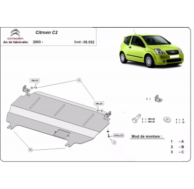 Cubre carter de Acero para Citroën C2 Año: 2003 - 2009 Grosor: "2"mm Todas las motorizaciones