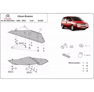 Cubre carter de Acero para Citroën Evasion Año: 1995 - 2003 Grosor: "2"mm Todas las motorizaciones