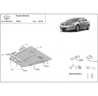 Cubre carter de Acero para Toyota Avensis Año: 2008 - 2018 Grosor: "2"mm Todas las motorizaciones