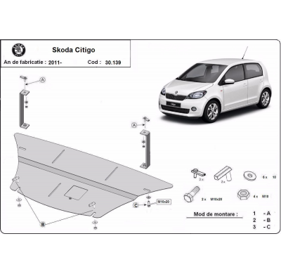 Cubre carter de Acero para el motor y caja de cambios del Skoda Citigo Año: 2011 - 2020 Grosor: "2"mm Todas las motorizaciones