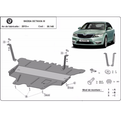 Cubre carter de Acero para el motor y caja de cambios del Skoda Octavia 3 (caja de cambios manual). Año: 2013 - 2019 Grosor: "2"