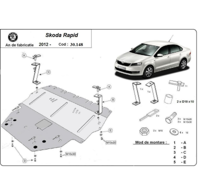 Cubre carter de Acero para Skoda Rapid Año: 2012 - 2019 Grosor: "2"mm Todas las motorizaciones
