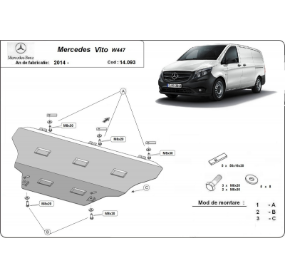 Cubre carter de Acero para Mercedes Vito W447, 4x2, 1.6 D Año: 2014 - 2025 Grosor: "2.5"mm 4x2, 1.6 D
