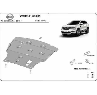 Cubre carter de Acero para Renault Koleos Año: 2016 - 2025 Grosor: "2"mm Todas las motorizaciones