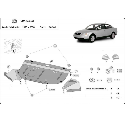 Cubre carter de Acero para VW Passat B5 Año: 1997 - 2000 Grosor: "2"mm 1.6, 1.8, 1.9 TDI