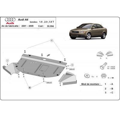 Cubre carter de Acero para Audi A4 B6 Año: 2000 - 2005 Grosor: "2"mm 1.6 - 2.0 , 1.8T manual y automático