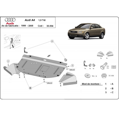 Cubre carter de Acero para Audi A4 B6, 1.9 TDI Año: 1999 - 2005 Grosor: "2"mm 1.9 tdi