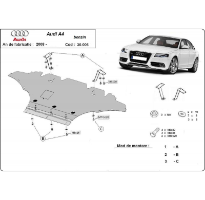 Cubre carter de Acero para Audi A4 B8, gasolina Año: 2008 - 2015 Grosor: "2"mm Todas las motorizaciones
