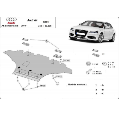 Cubre carter de Acero para Audi A4 B8, diésel Año: 2008 - 2015 Grosor: "2"mm 2.0TFSI, 2.0Tdi, quatro, 2.7TDI manual y automático