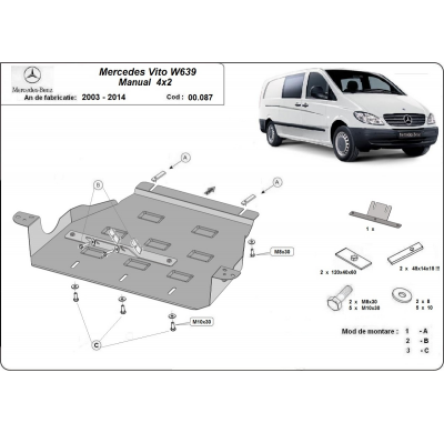 Protector de Acero para caja de cambios de Mercedes Vito W639 - 2.2 D 4x2 Año: 2003 - 2014 Grosor: "2"mm 2,2 D, 3,0 D 4x2