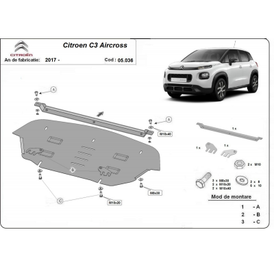 Cubre carter de Acero para Citroën C3 Aircross Año: 2017 - 2025 Grosor: "2"mm Todas las motorizaciones