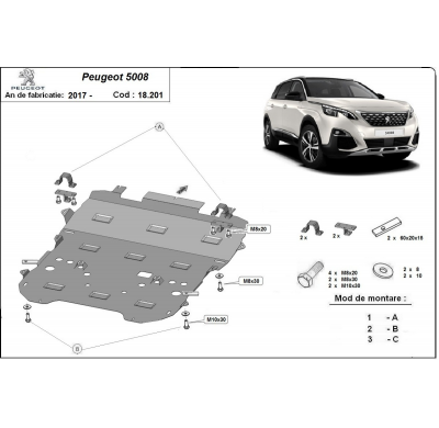 Cubre carter de Acero para el motor y caja de cambios del Peugeot 5008 Año: 2017 - 2025 Grosor: "2"mm Todas las motorizaciones