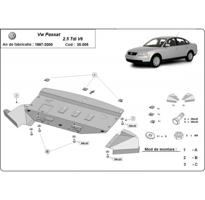 Cubre carter de Acero para VW Passat B5 2.5 TDI V6 Año: 1997 - 2000 Grosor: "2"mm 2.5 TDI V6