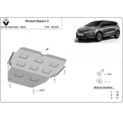 Cubre carter de Acero para Renault Espace 5 Año: 2015 - 2025 Grosor: "2"mm Todas las motorizaciones