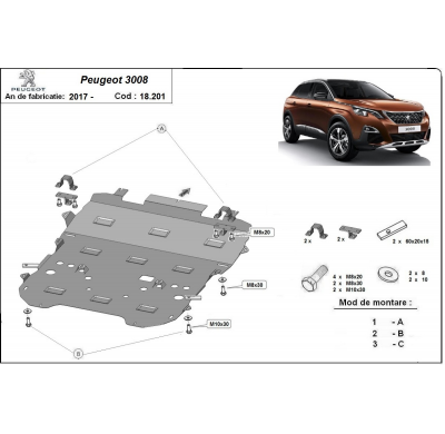 Cubre carter de Acero para el motor y caja de cambios del Peugeot 3008 Año: 2017 - 2024 Grosor: "2"mm Todas las motorizaciones