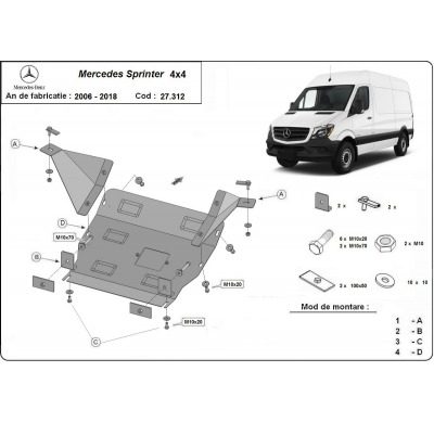 Cubre carter de Acero para Mercedes Sprinter 906 4x4 Año: 2006 - 2018 Grosor: "2.5"mm 4x4